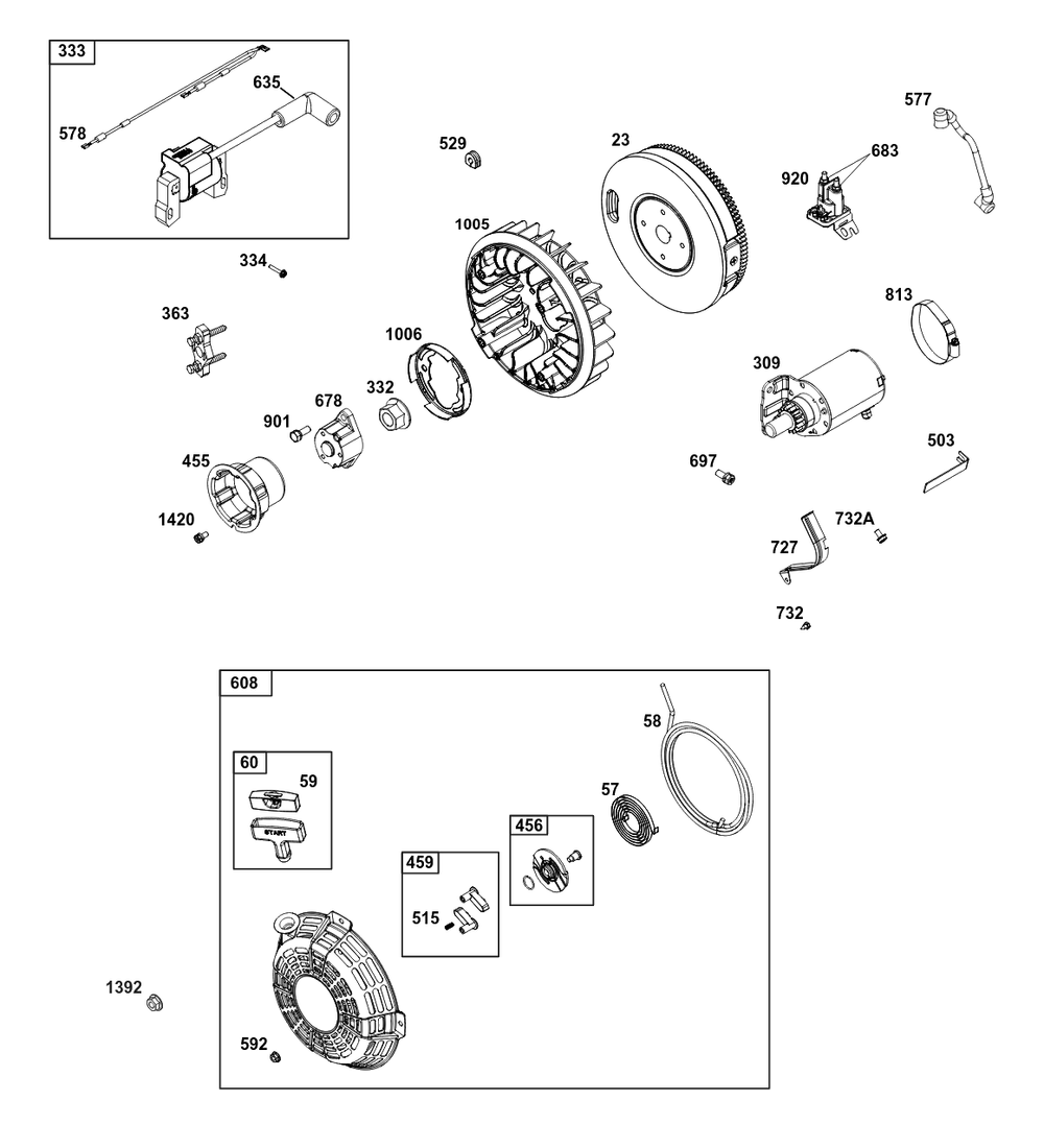 Flywheel/Ignition/Starter Group Diagram and Parts List for 386447-3311-G1 200000 - 399999 Briggs and Stratton Engine